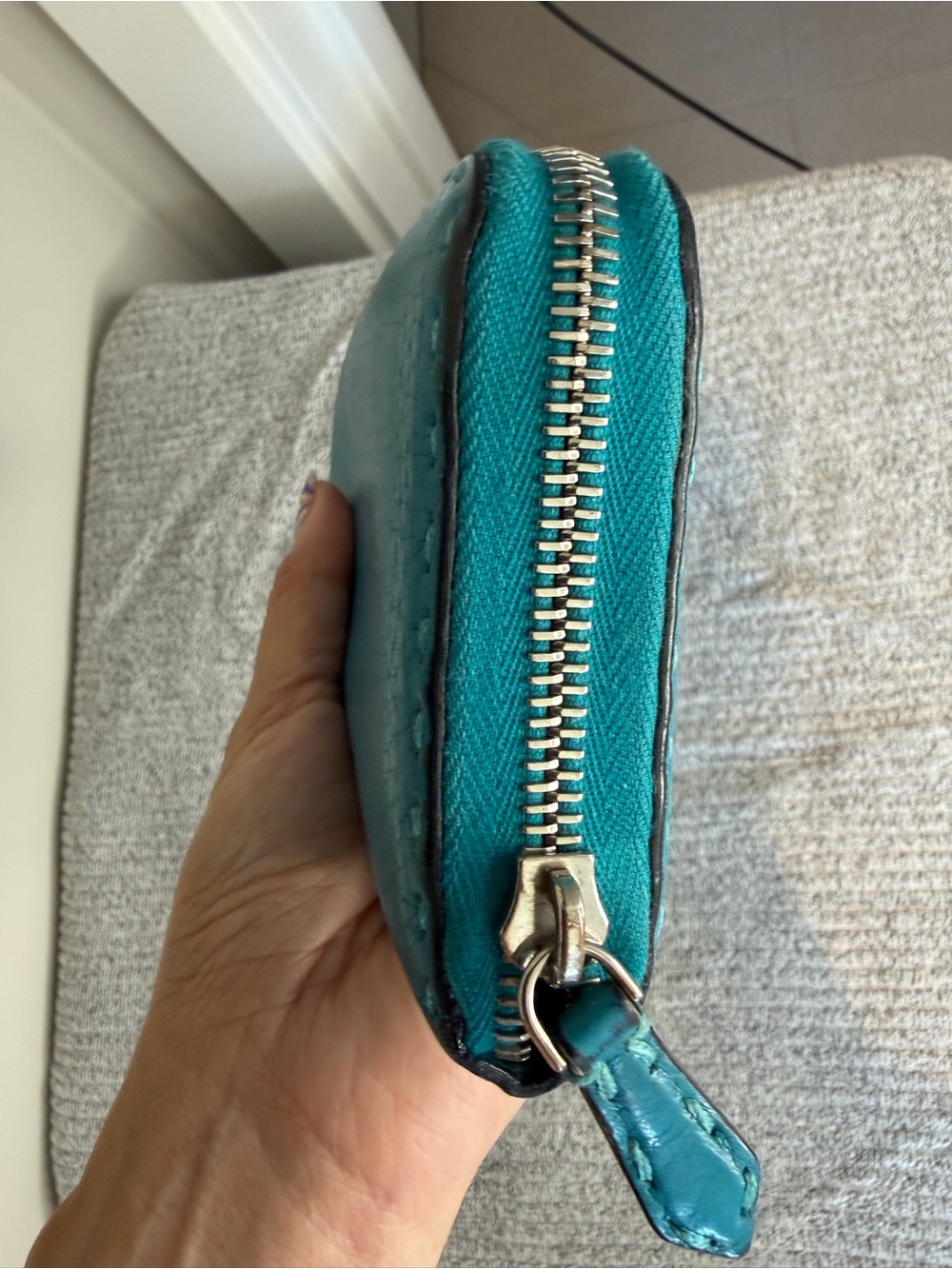 Fendi Selleria Roman Leather Large Zip around wallet. Teal/Peacock Blue - Picture 7 of 15